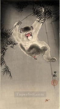 Ohara Koson Painting - monkey swinging from a bamboo branch observing a fly Ohara Koson Shin hanga